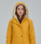 Yellow Lumina Wear Imogen Sherpa-lined hooded parka jacket, cozy winter coat with insulated interior and adjustable hood.