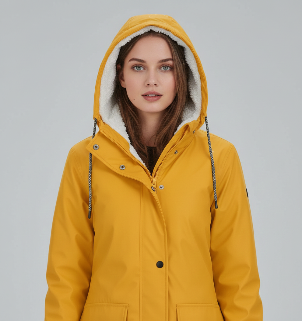 Yellow Lumina Wear Imogen Sherpa-lined hooded parka jacket, cozy winter coat with insulated interior and adjustable hood.