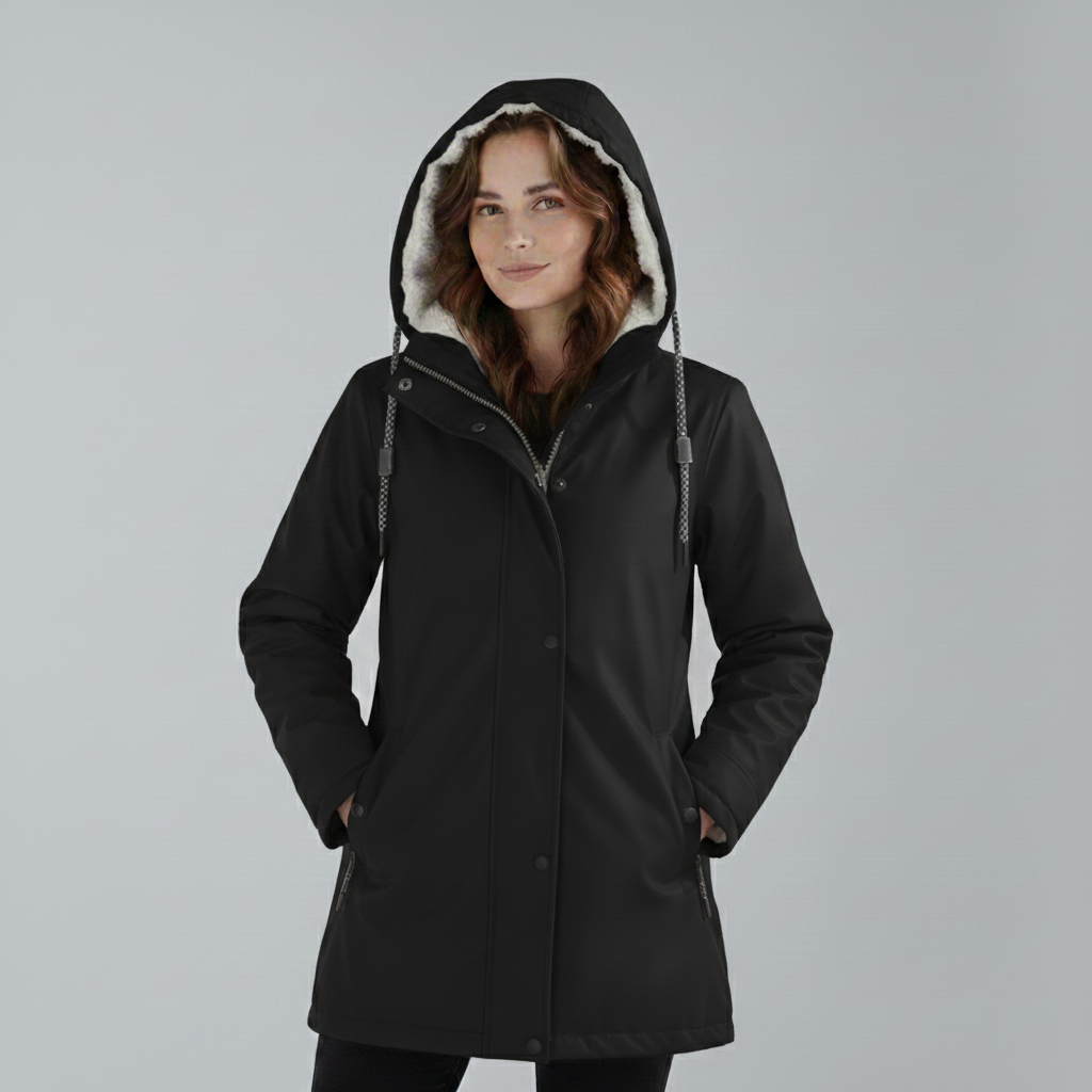 Yellow Lumina Wear Imogen Sherpa-lined hooded parka jacket for winter adventures, featuring a cozy, insulated design.
