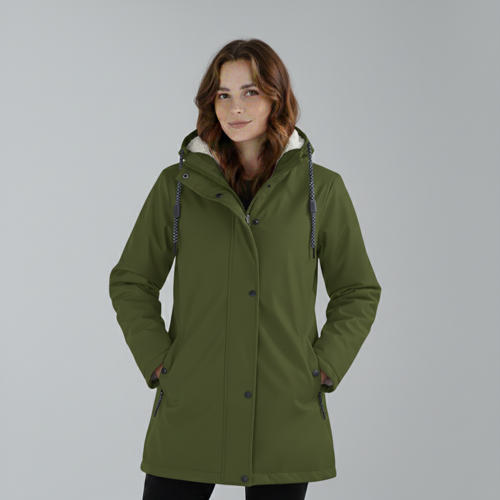 Yellow Lumina Wear Imogen Sherpa-lined hooded parka jacket for winter adventures, featuring cozy fleece interior and adjustable hood.