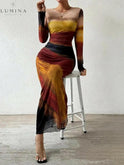 Dark blue Inara Dream Maxi Dress by Lumina Wear, elegant evening dress perfect for wedding guests, shown on a model.
