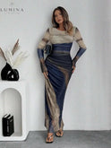 Dark blue Inara Dream Maxi Dress by Lumina Wear, elegant evening dress with flowing fabric, suitable for wedding guests.