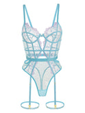 Blue Indigo Dreams floral French-inspired sensual bodysuit by Lumina Wear, showcasing intricate floral lace and fitted design.