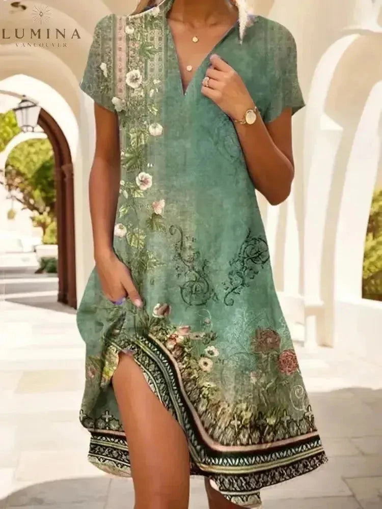 Lumina Vancouver Onerva Boho Vintage V-Neck Dress, flowing fabric, floral pattern, casual bohemian style for women.