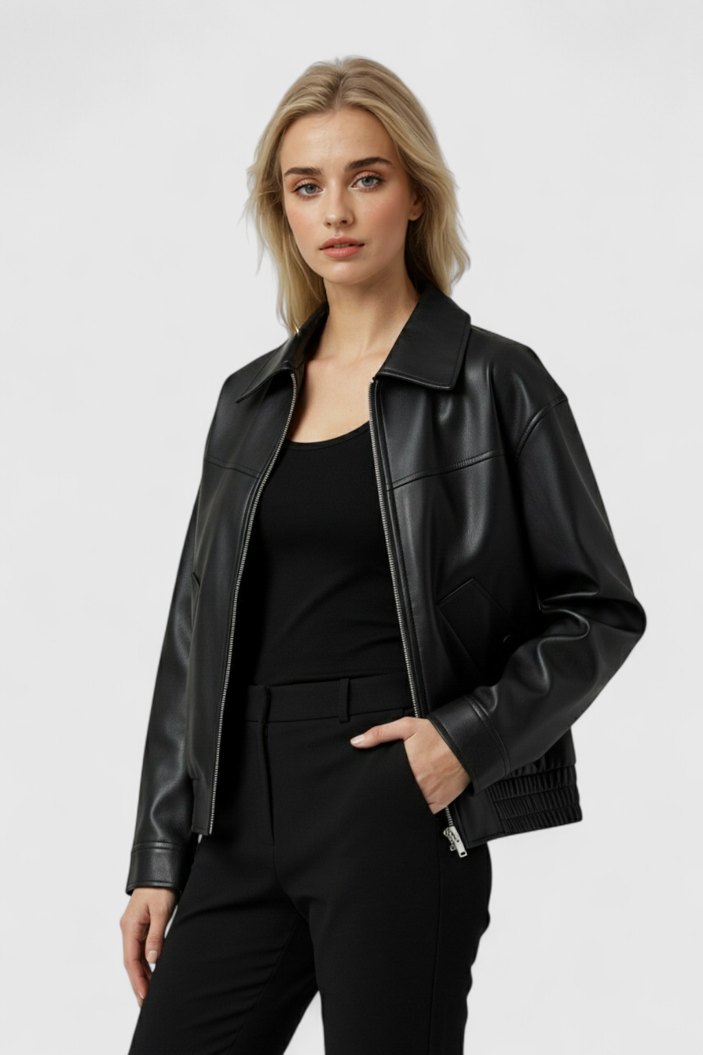Black Isabella Lumina Wear casual vintage coffee jacket, stylish with trendy appeal, shown on a model.