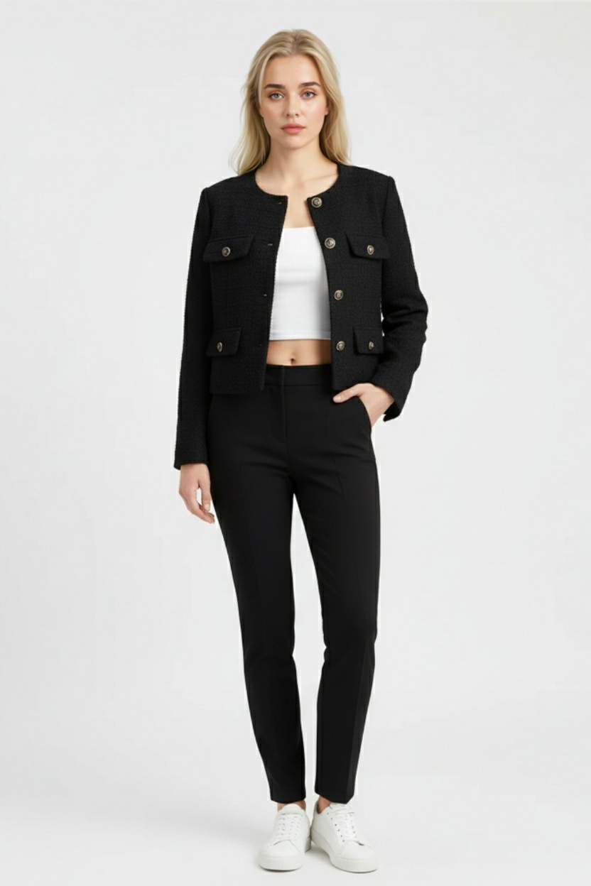Black Isabella women's short jacket by Lumina Wear, stylish and versatile with a chic design, perfect for casual or dressy outfits.