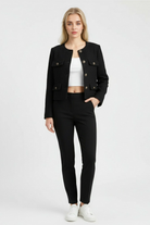 Black Isabella women's short jacket by Lumina Wear, stylish and versatile with a chic design, perfect for casual or dressy outfits.