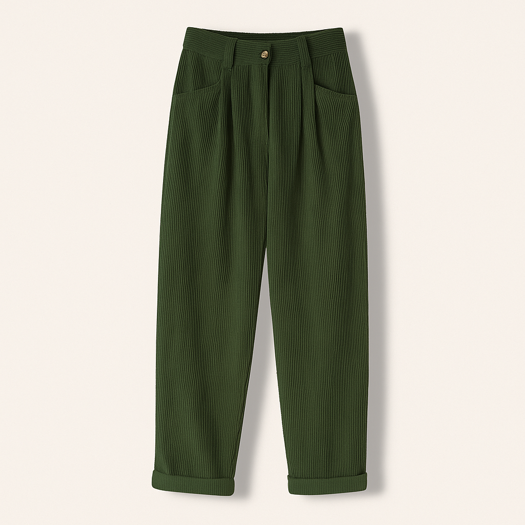 Isabella Lumina Wear brown corduroy trousers with a flattering fit, shown on a model, featuring classic style and textured fabric.