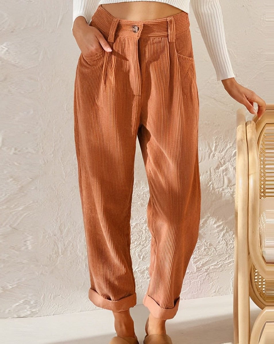 Isabella Lumina brown corduroy trousers with a flattering fit, shown on a model, highlighting the stylish design and texture.