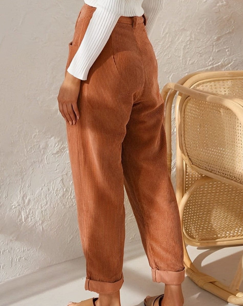 Isabella Lumina brown corduroy trousers with a flattering fit, featuring a chic style and visible textured fabric.
