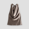 Brown Isabella Lumina Wear satin tank top with draped design and halter tie, shown on a model.