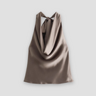 Brown Isabella Lumina Wear satin draped halter tank top with tie, stylish sleeveless top for a chic, elegant look.