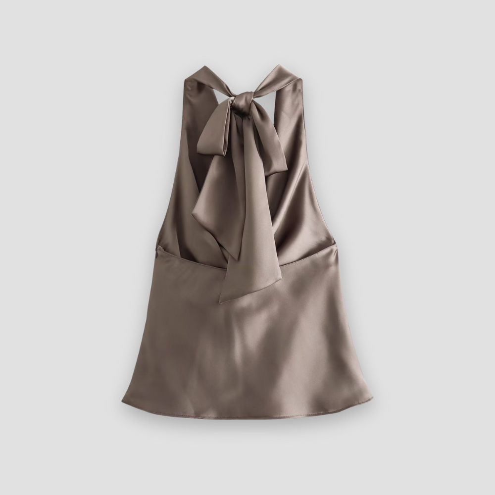 Brown Isabella Lumina Wear satin tank top with draped design and halter tie, showcasing a stylish and elegant sleeveless blouse.