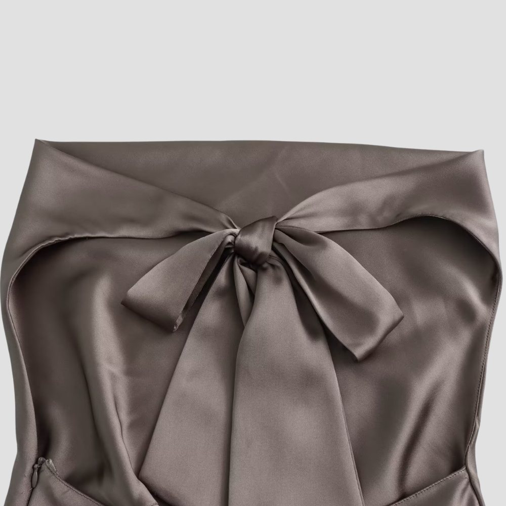 Brown Isabella Lumina Wear satin tank top with draped design and halter tie, perfect for chic casual wear.