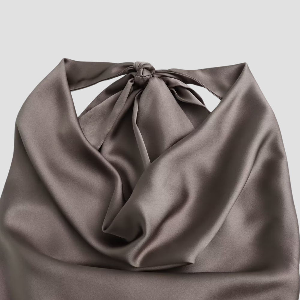 Brown satin draped tank top with halter tie from Lumina Wear's Isabella collection, stylish and elegant women's tank top.