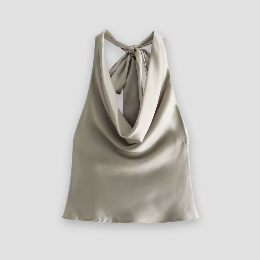Brown Isabella satin tank top with draped design and halter tie by Lumina Wear, showcasing stylish, elegant sleeveless fashion.