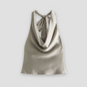 Brown Isabella Lumina Wear satin tank top with draped design and halter tie, stylish and lightweight for casual wear.