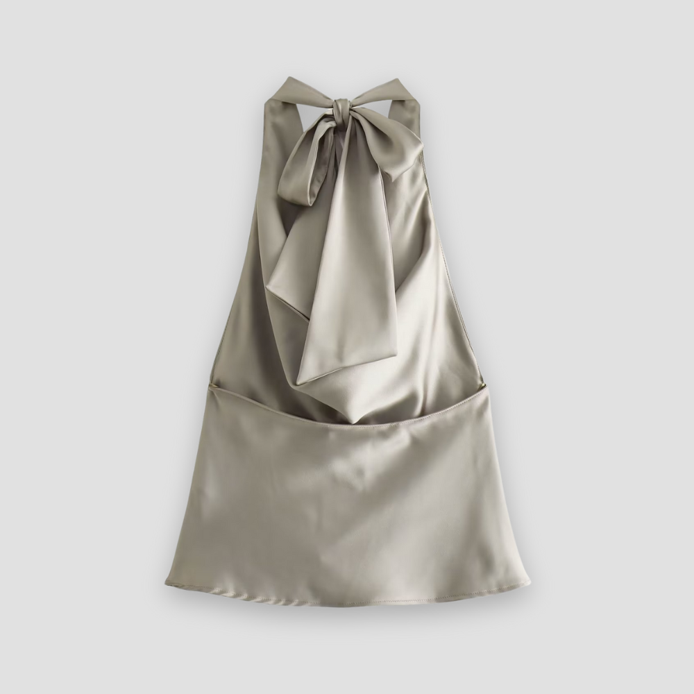 Brown Isabella chic satin draped tank top with halter tie from Lumina Wear, showing its stylish, relaxed fit and elegant satin fabric.
