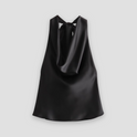 Brown Isabella Lumina Wear satin tank top with draped design and halter tie, XS size, casual chic sleeveless blouse.