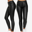 Black Isabella stretch leather trousers by Lumina Wear, showcasing a sleek, fitted style with a smooth leather finish.