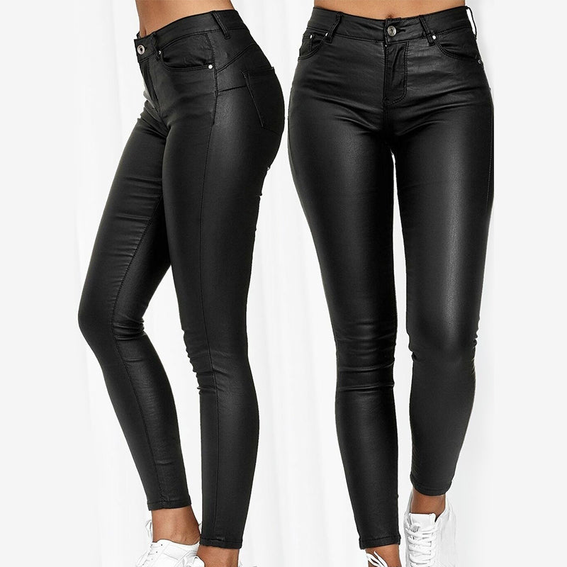 Black Isabella Lumina Wear chic stretch leather trousers, tailored pants with a sleek fit, perfect for effortless style.