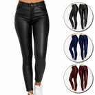 Black Isabella stretch leather trousers by Lumina Wear, shown on a model, highlighting their sleek fit and stylish design.