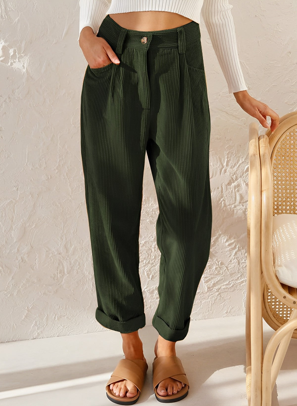 Isabella Lumina Wear striped trousers in apricot with a chic, comfortable fit showcasing stylish waistband and relaxed fit.