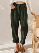 Isabella Lumina Wear striped trousers in apricot with a chic, comfortable fit showcasing stylish waistband and relaxed fit.