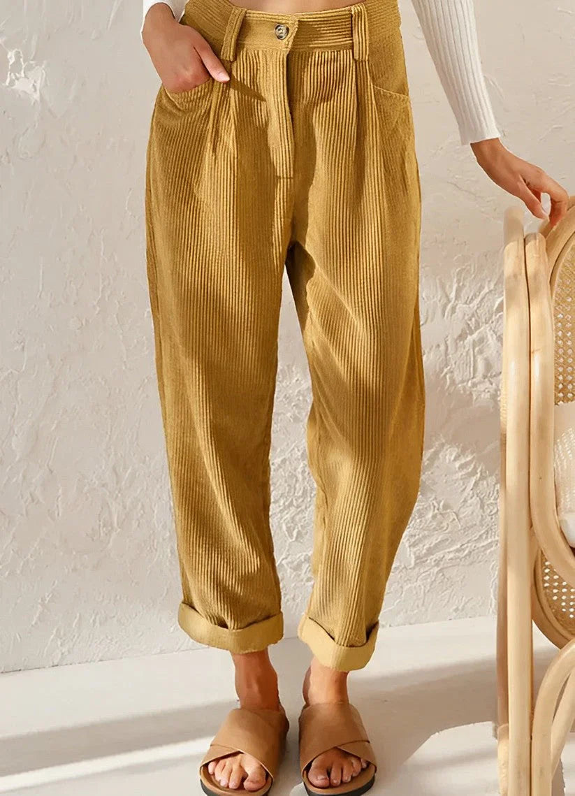 Lumina Wear Isabella chic striped trousers in apricot with a comfortable fit, casual pants for stylish everyday wear.