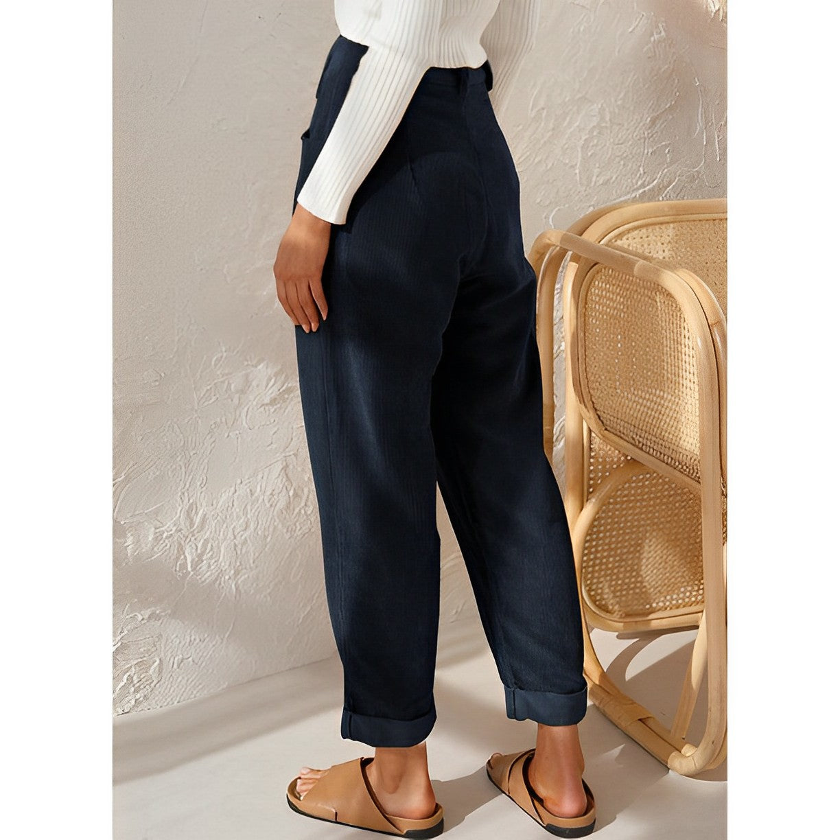 Isabella Lumina Wear chic striped trousers in apricot with a comfortable fit, featuring stylish vertical stripes and tailored design.