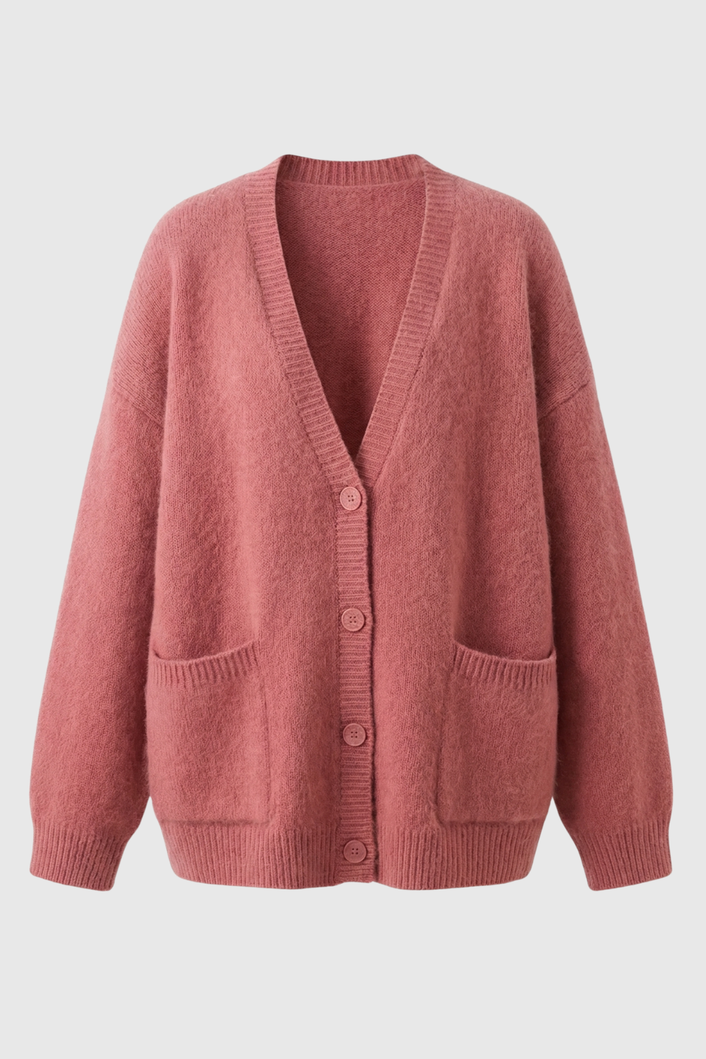 Pink knit cardigan sweater by Lumina Wear featuring a cozy, relaxed fit and soft, textured fabric.