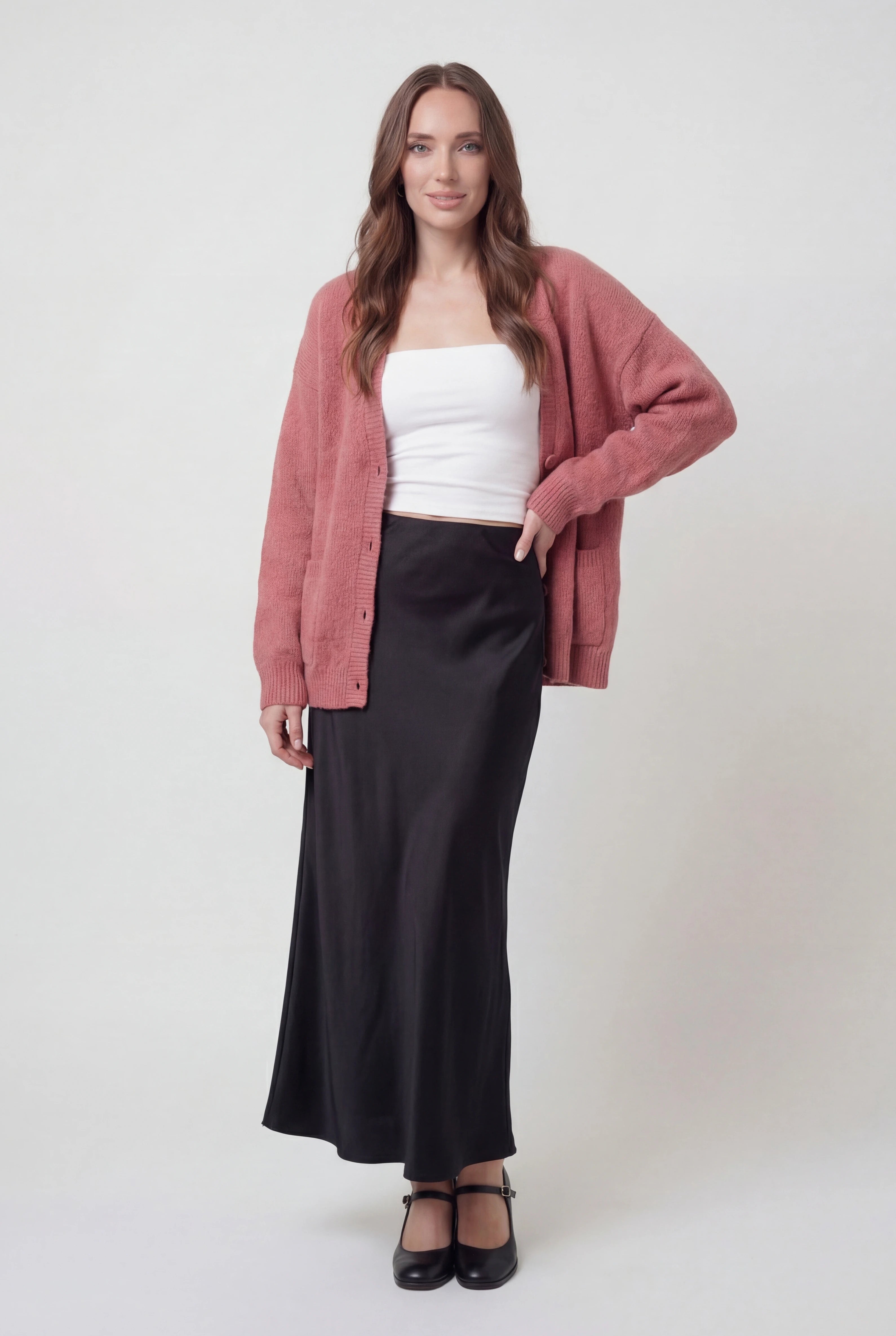 Pink knit cardigan sweater by Lumina Wear featuring a cozy, relaxed fit and soft texture, perfect for casual layered looks.