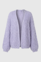 Lumina Wear Isabella cozy purple knit cardigan with ribbed details, soft and stylish for casual wear.