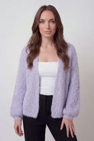 Isabella Lumina purple knit cardigan with ribbed details, cozy long-sleeve sweater, perfect for casual wear.