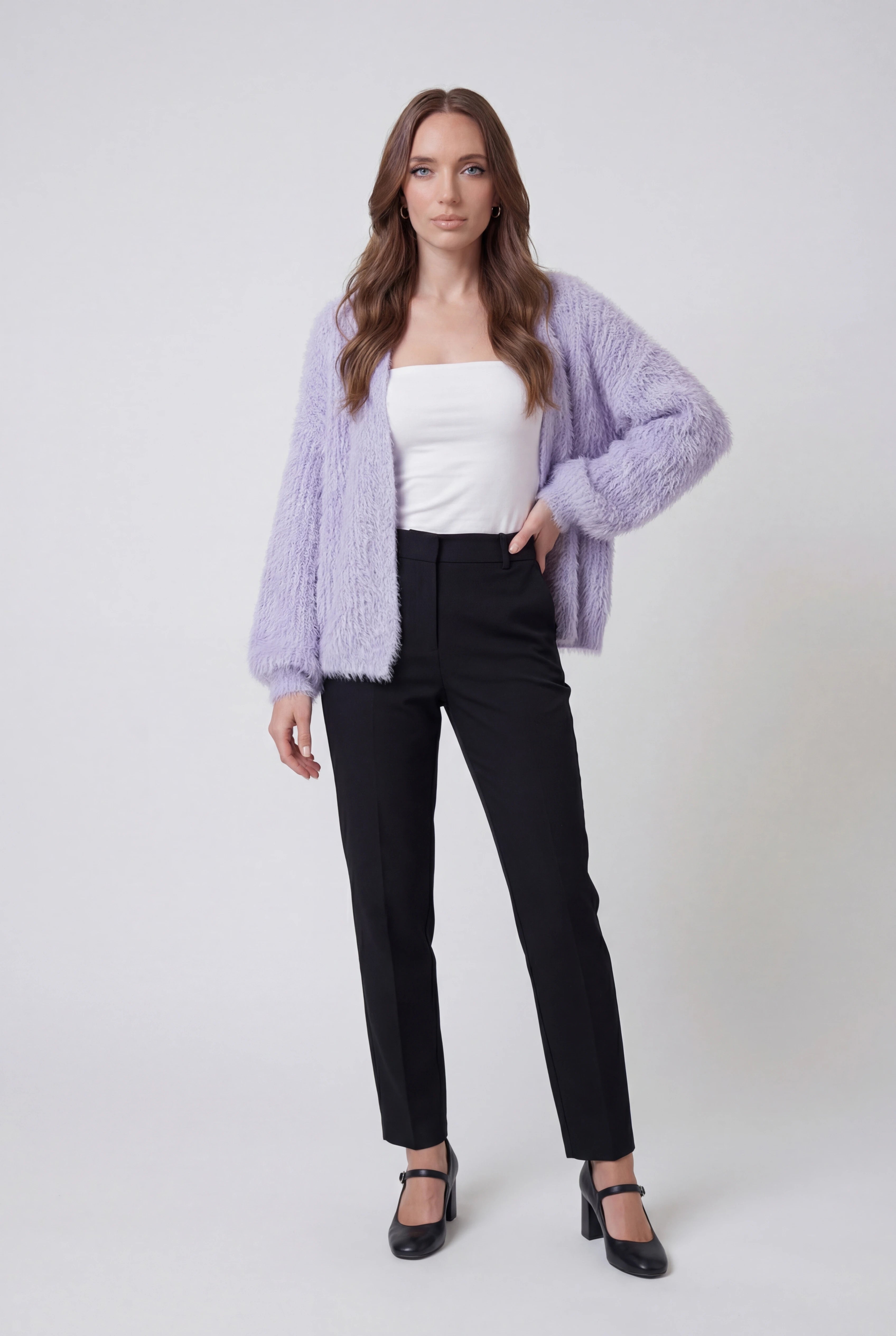 Isabella Lumina purple knit cardigan with ribbed details, cozy long-sleeve sweater for women, stylish and comfortable.