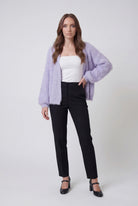 Isabella Lumina purple knit cardigan with ribbed details, cozy long-sleeve sweater for women, stylish and comfortable.