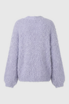 Isabella cozy purple knit cardigan by Lumina Wear featuring ribbed details, soft fabric, and a relaxed fit.