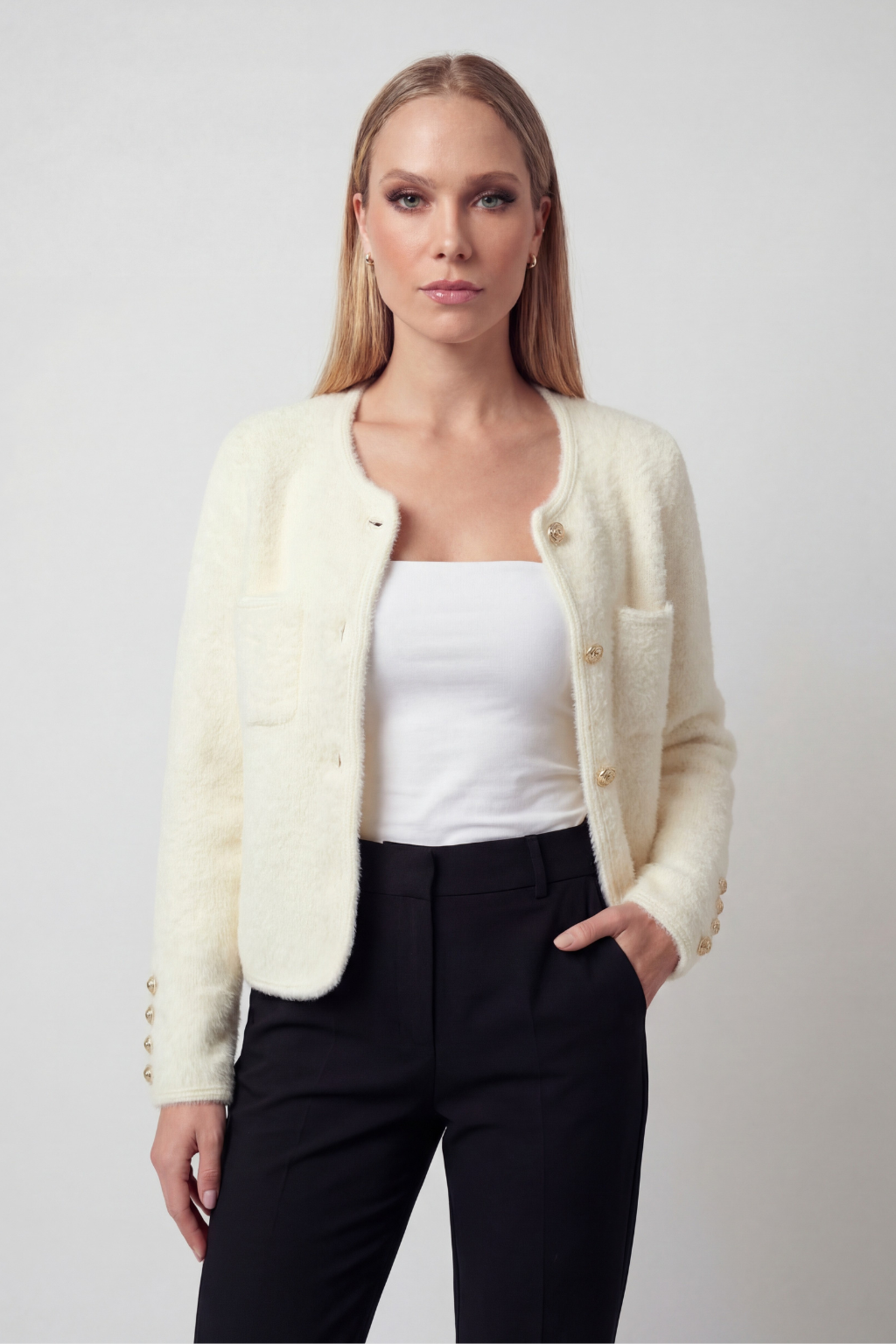 Lumina Wear Isabella cozy white women's cardigan sweater with ribbed hem, soft knit with long sleeves and casual style.