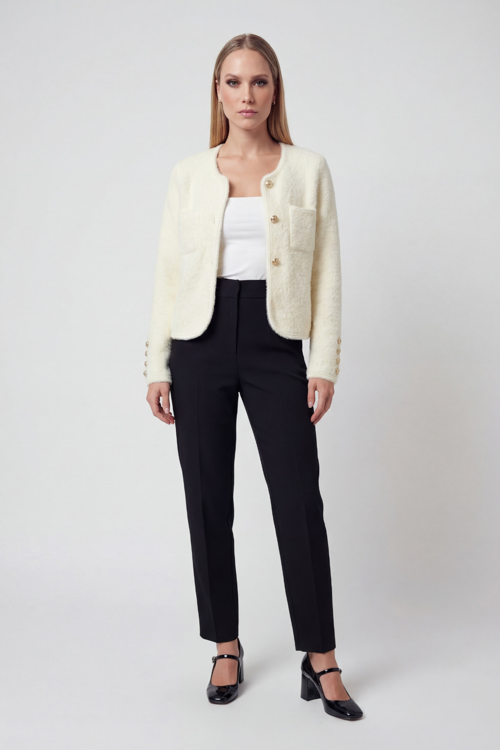 Lumina Wear Isabella women's white cardigan sweater with ribbed hem, cozy and stylish, perfect for layering and casual wear.
