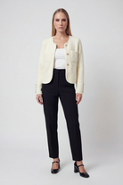 Lumina Wear Isabella women's white cardigan sweater with ribbed hem, cozy and stylish, perfect for layering and casual wear.