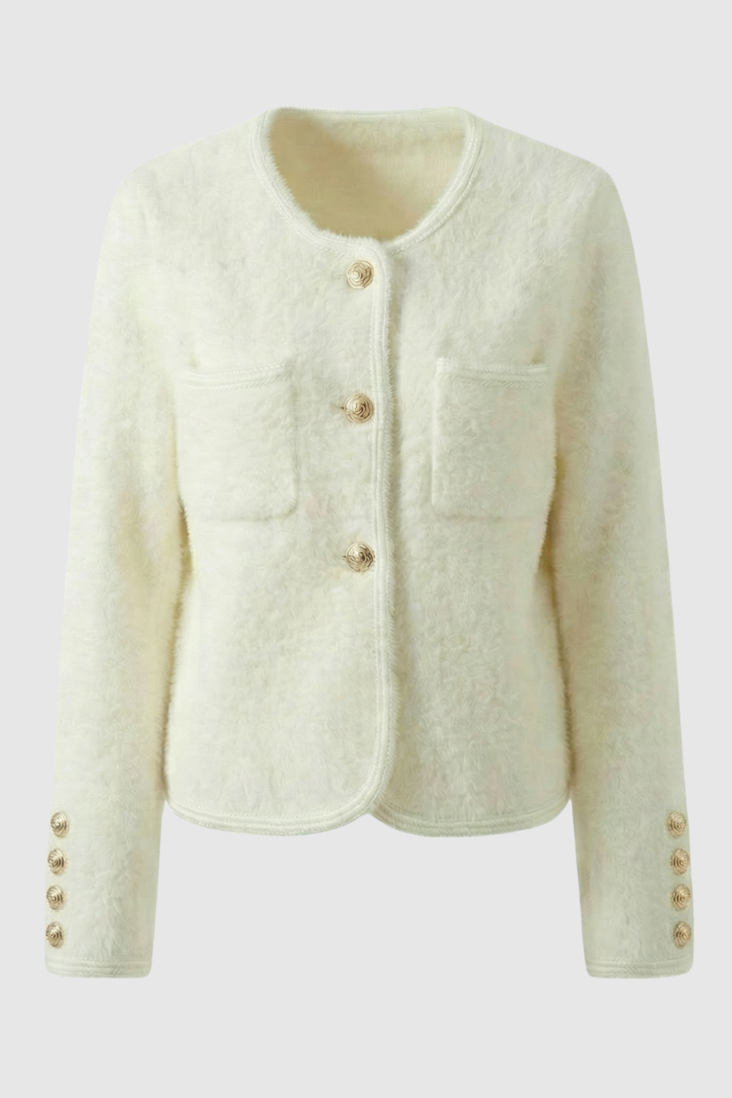 White women's cardigan sweater with ribbed hem, named Isabella by Lumina Wear, featuring a cozy, soft knit fabric.
