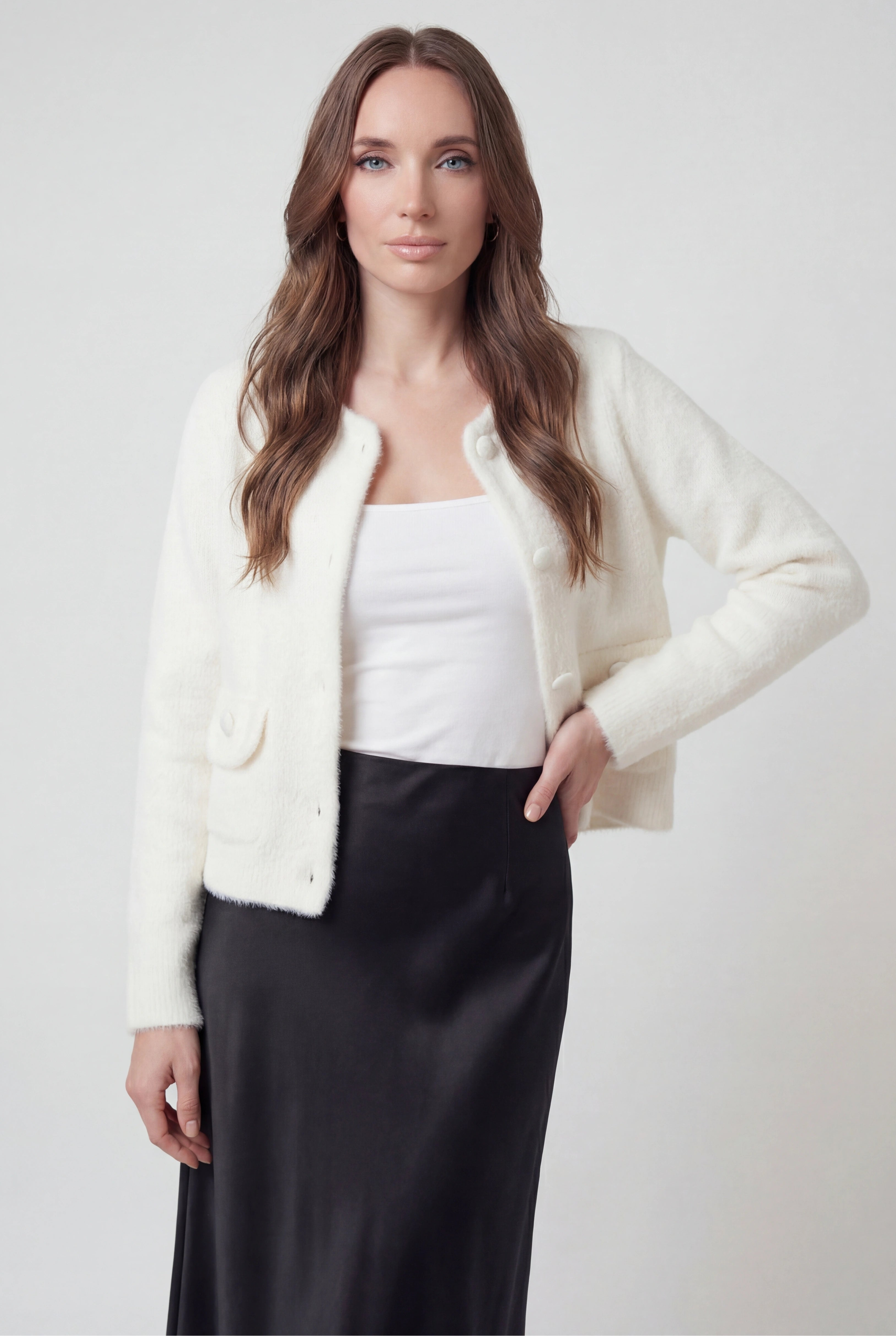 Lumina Wear Isabella cozy white open-front cardigan sweater with a relaxed fit, featuring a soft knit texture and casual style.