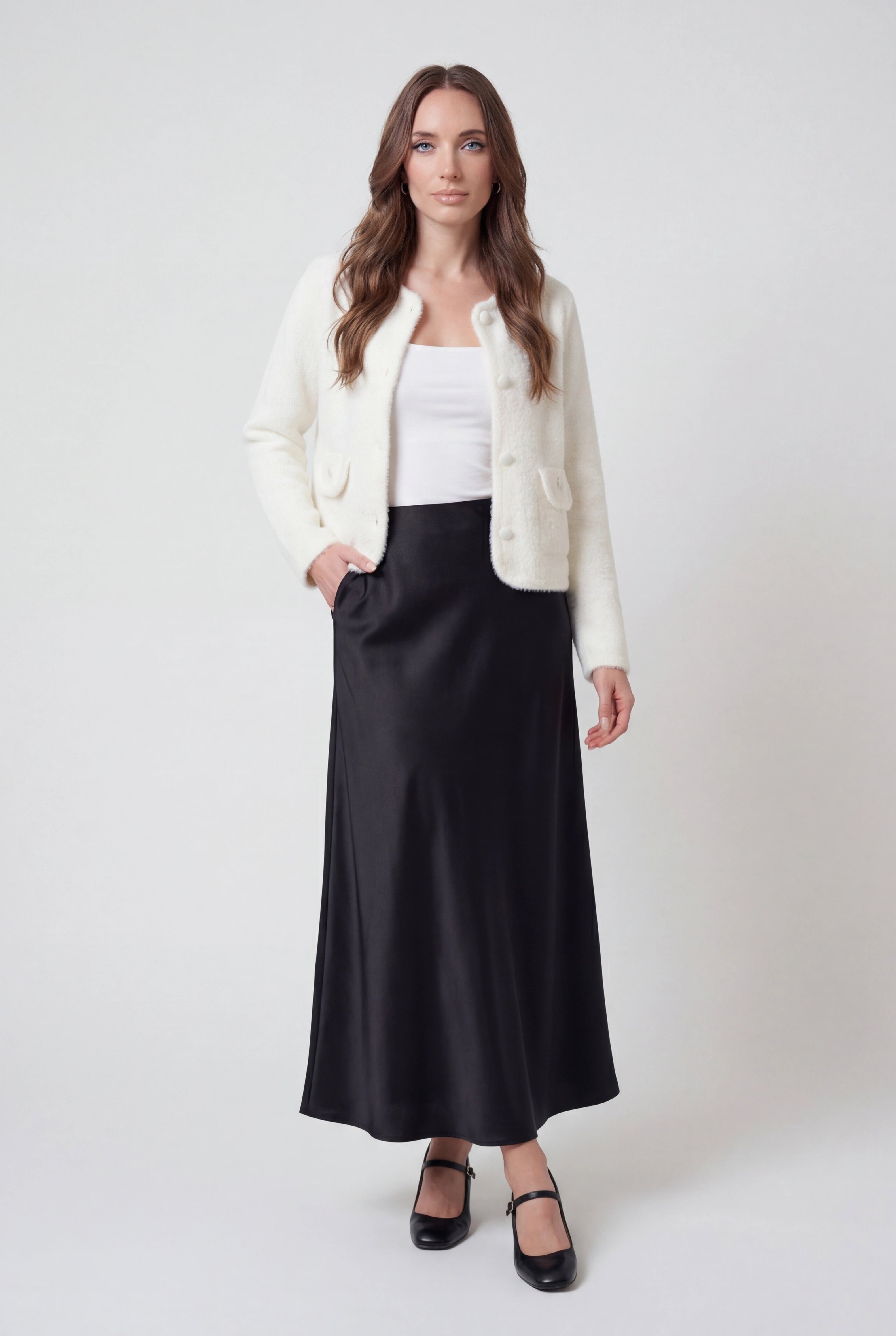 Lumina Wear Isabella cozy white open-front cardigan sweater with relaxed fit, featuring soft knit fabric and casual style.