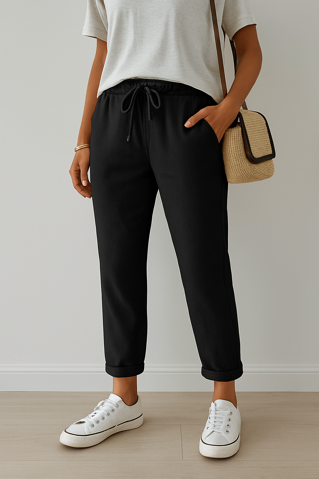 Elegant beige Lumina Wear Isabella trousers made of breathable fabric, shown on a model with a slim fit silhouette.