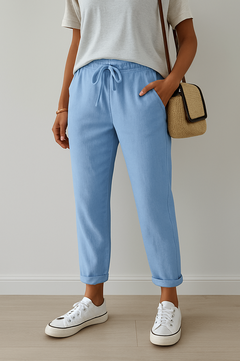 Elegant beige Lumina Wear Isabella trousers made of breathable fabric, displayed flat with a focus on stylish, comfortable design.