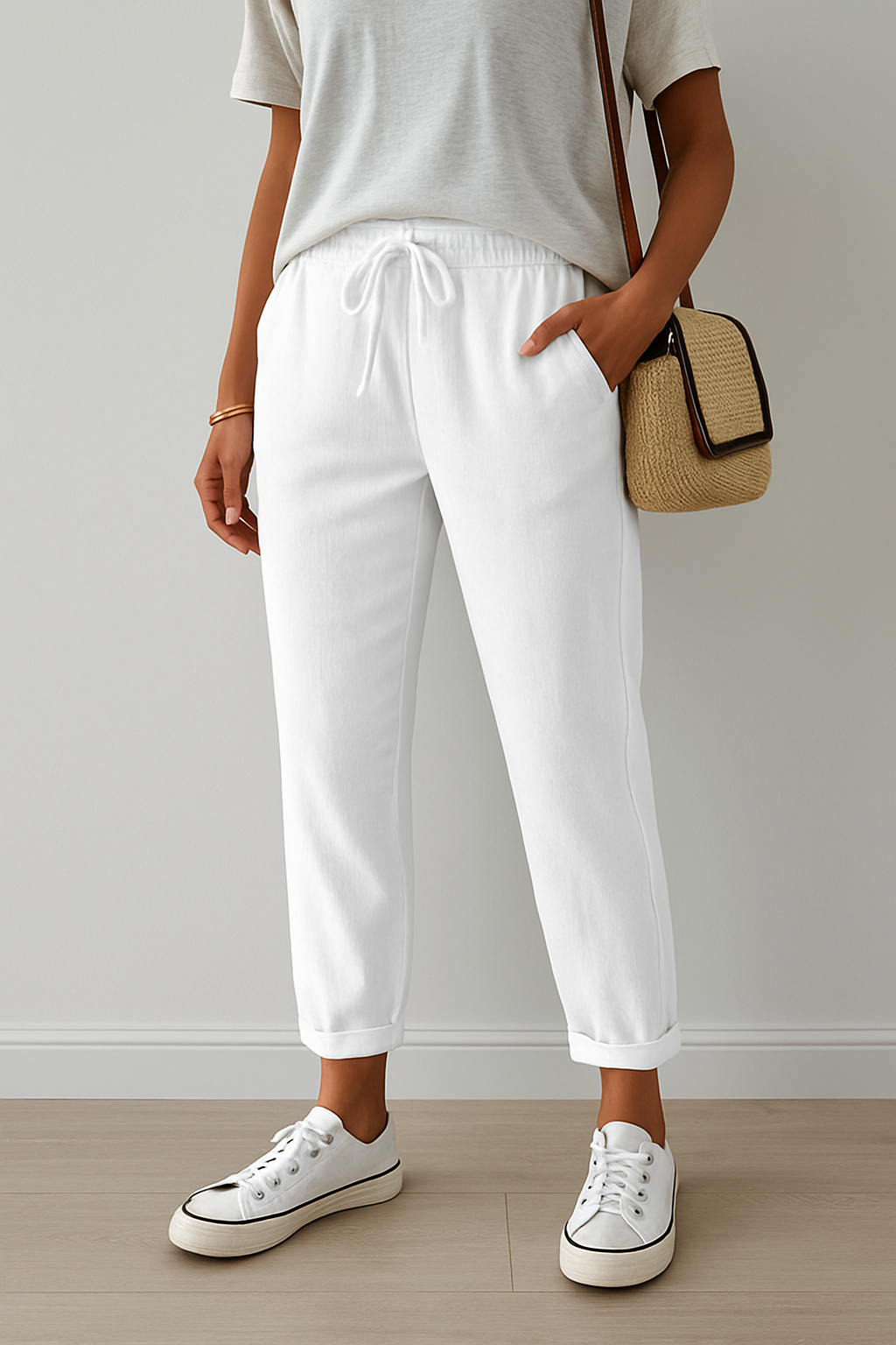 Elegant beige Lumina Wear Isabella trousers made of breathable fabric, shown with a tailored fit and classic design.