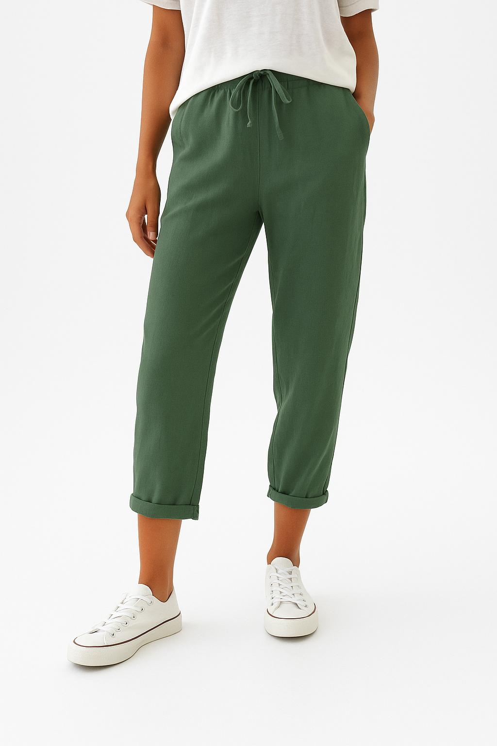 Elegant beige Lumina Wear Isabella trousers with breathable fabric, tailored fit, and classic design for versatile style.