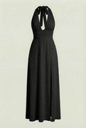 Elegant black halter neck dress by Lumina Wear, featuring a versatile fit and stylish design for sophisticated occasions.