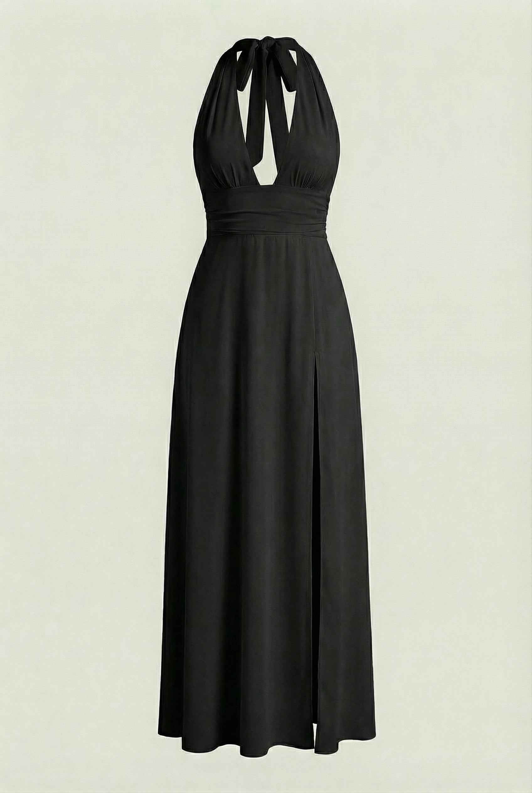 Elegant black halter neck dress by Lumina Wear, featuring a versatile fit and stylish design for various occasions.