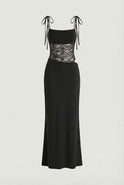 Elegant black lace dress by Lumina Wear with a flowy silhouette, featuring intricate lace details and a stylish, casual design.